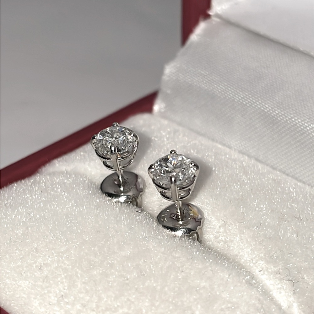 Solid Stamped 14K White Gold Natural 1.00CTW Diamond Stud Earrings Screw Backs - Picture 4 of 14